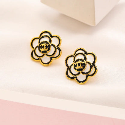 Alloy Black Outline Camellia Stud Earrings