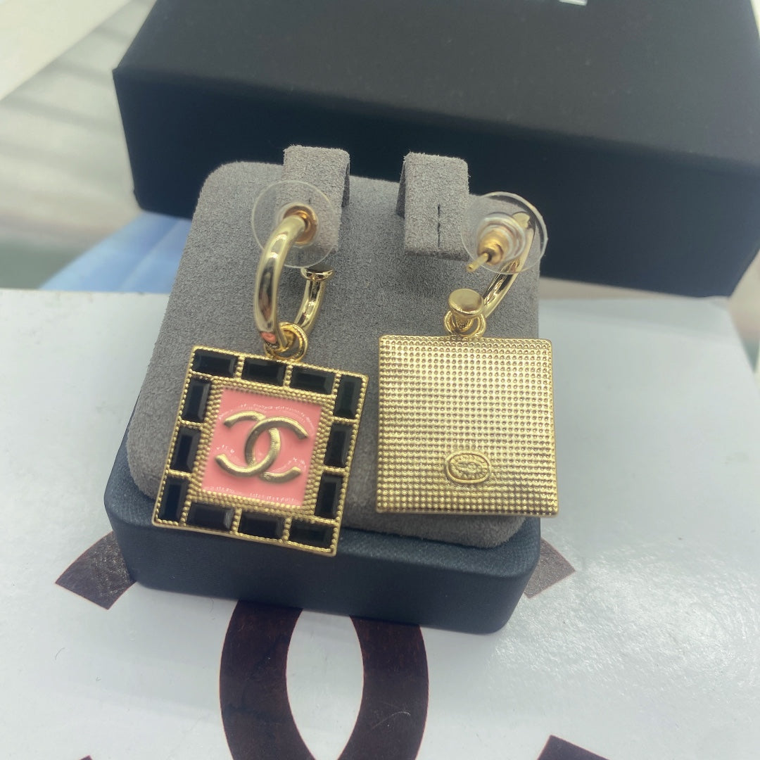 Pink & Black Square Charm Hoop Earrings