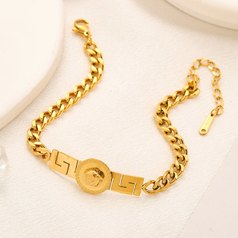 304 Stainless Steel Greek-Key Medallion Curb Chain Bracelet