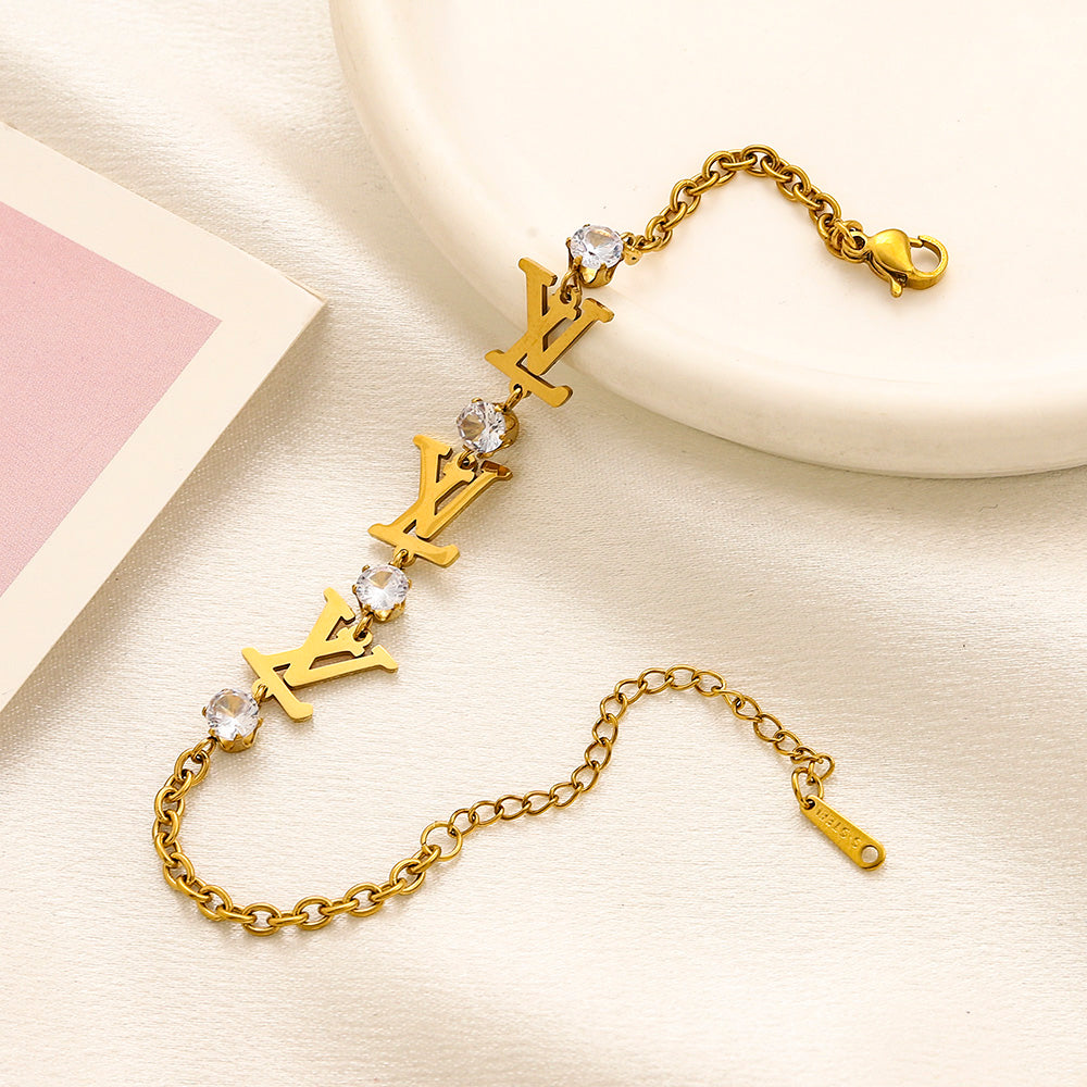 304 Stainless Steel Monogram & Round Stone Chain Bracelet