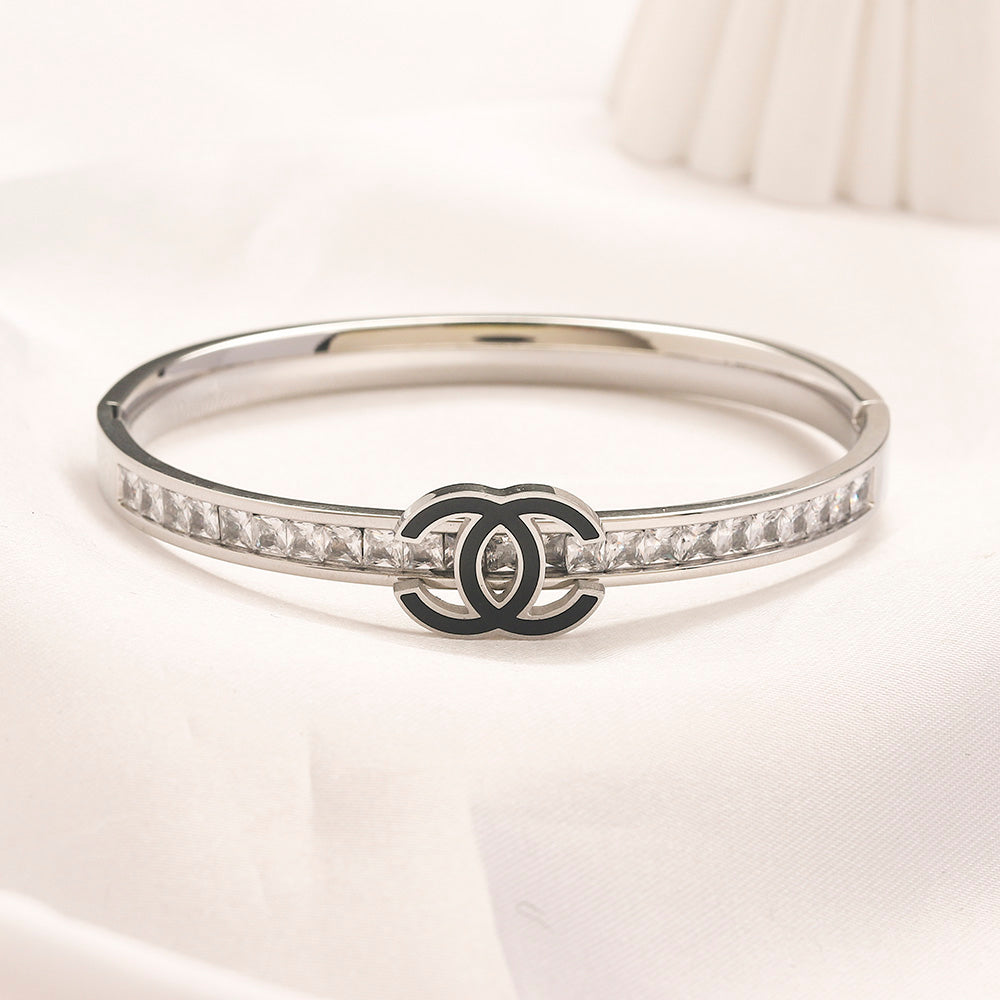 304 Stainless Steel Slim Pave Interlocking-C Bangle Bracelet