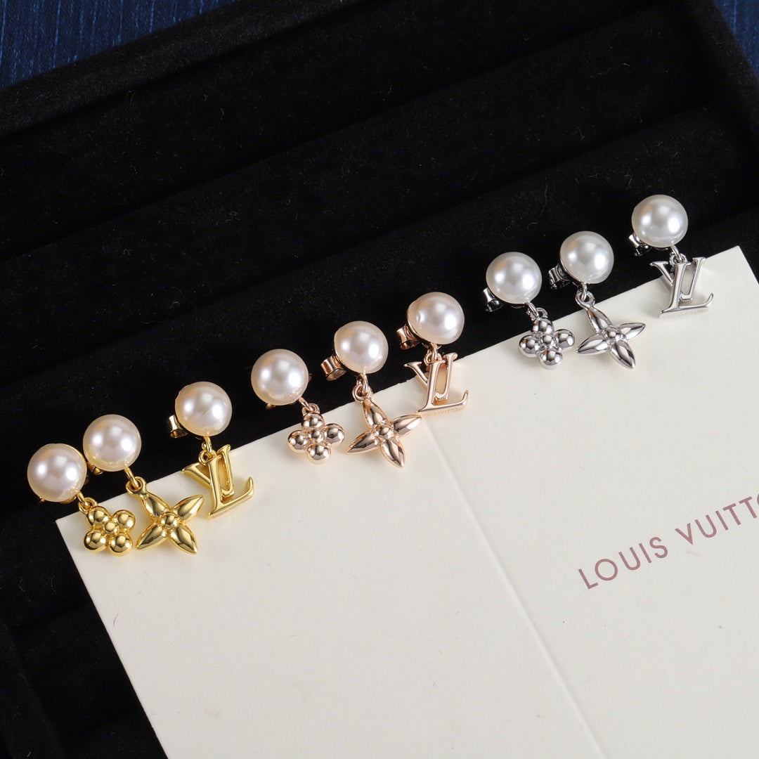Pearl-Effect Floral & Letter Stud Earrings