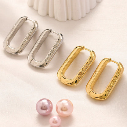 304 Stainless Steel Engraved Oblong Hoop Earrings