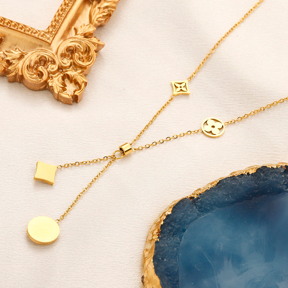 304 Stainless Steel Floral Monogram Y-Drop Necklace