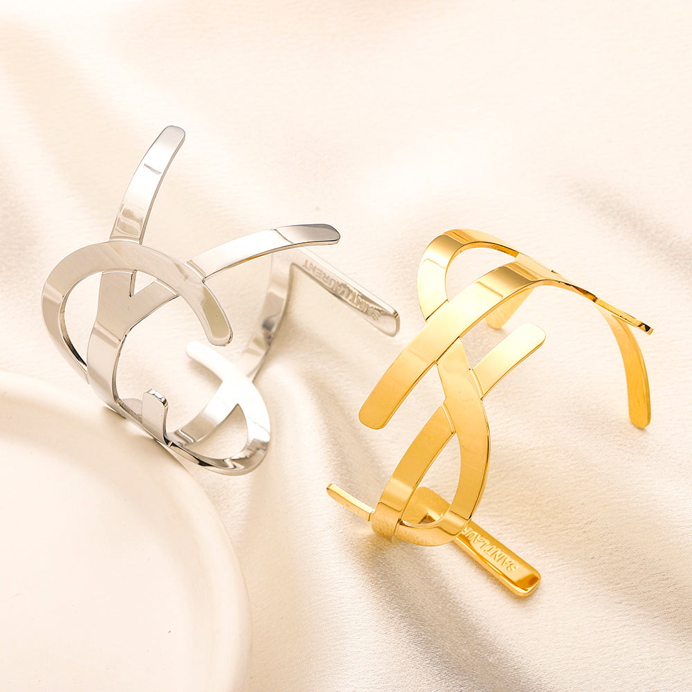 304 Stainless Steel Open Double-Band Monogram Cuff Bracelet