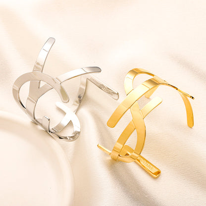 304 Stainless Steel Open Double-Band Monogram Cuff Bracelet