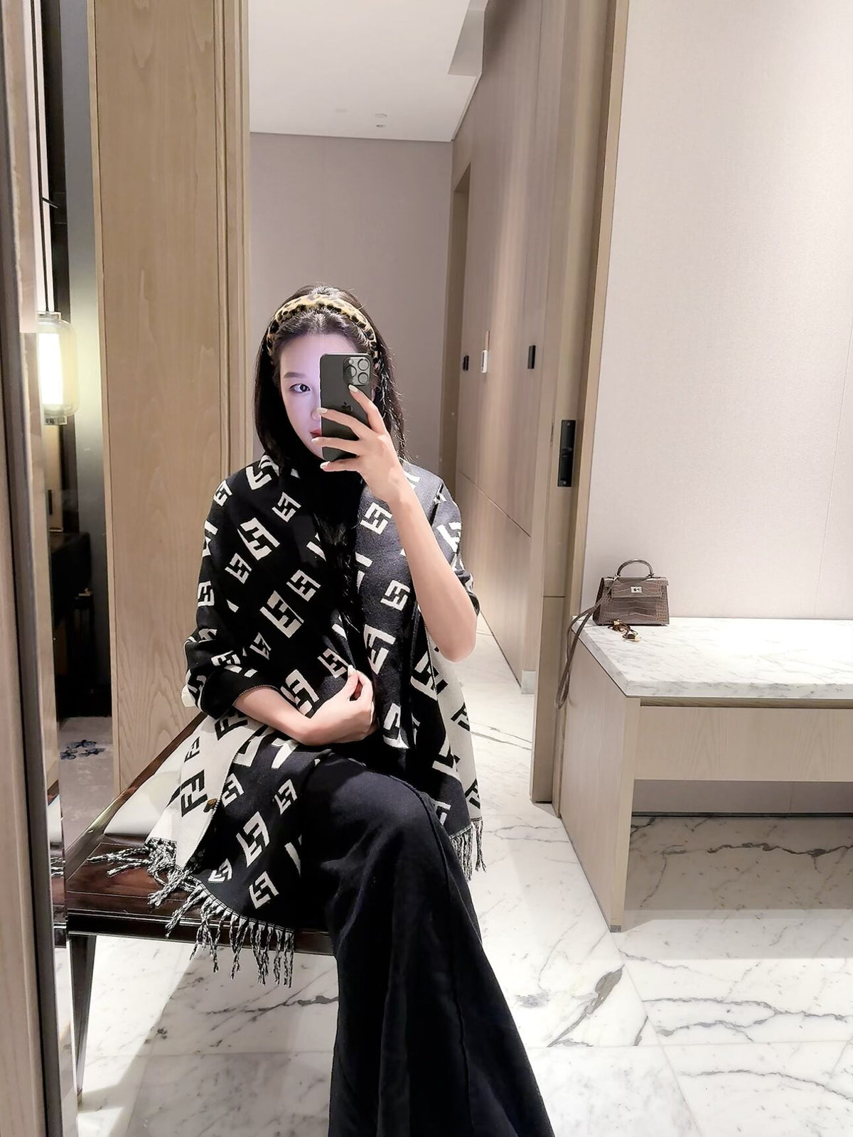 Geometric F-Motif Fringed Scarf