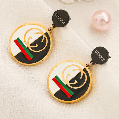 304 Stainless Steel Striped Round Monogram Drop Earrings