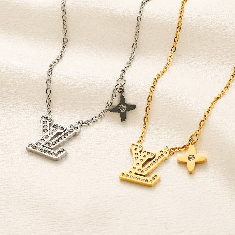 304 Stainless Steel Pave Monogram & Flower Pendant Necklace