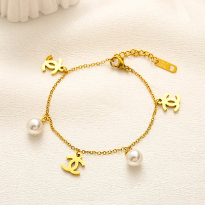 304 Stainless Steel Pearl-Look Bead & Interlocking-C Charm Bracelet