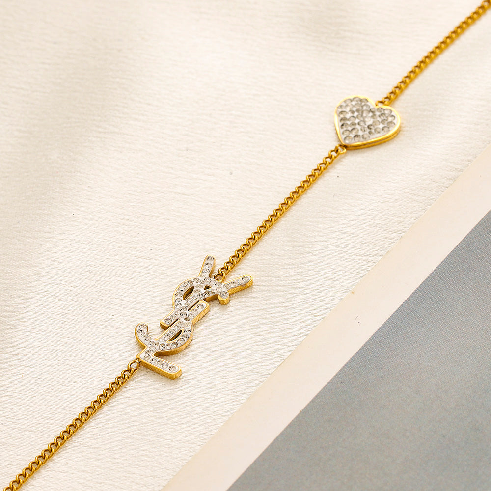 304 Stainless Steel Pave Heart & Monogram Chain Bracelet