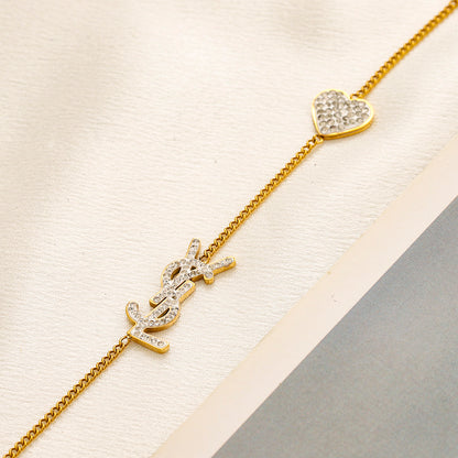 304 Stainless Steel Pave Heart & Monogram Chain Bracelet
