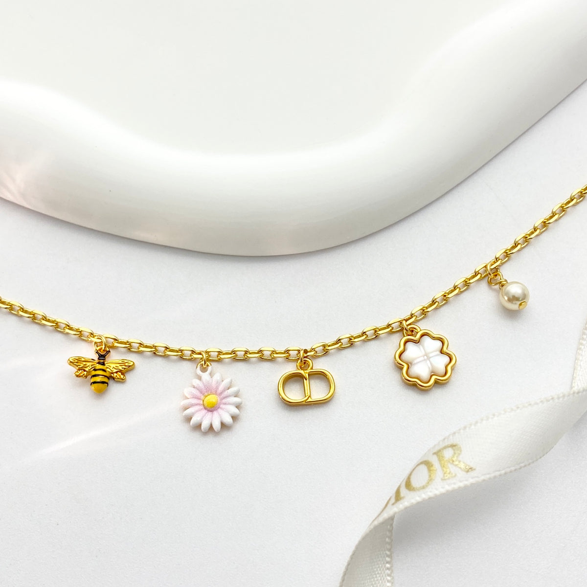 Floral Charm & Pearl-Look Bead Necklace