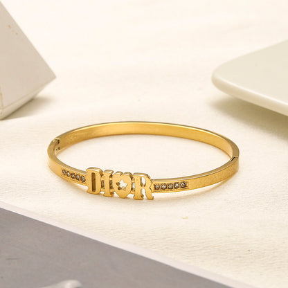 304 Stainless Steel Lettering Pave-Edge Bangle Bracelet