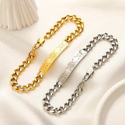 304 Stainless Steel Engraved Plate Curb Chain Bracelet