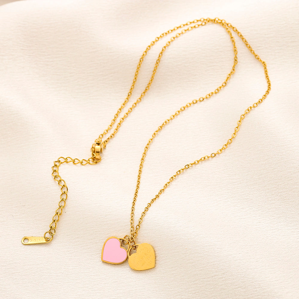 304 Stainless Steel Color-Inlay Double Heart Pendant Necklace