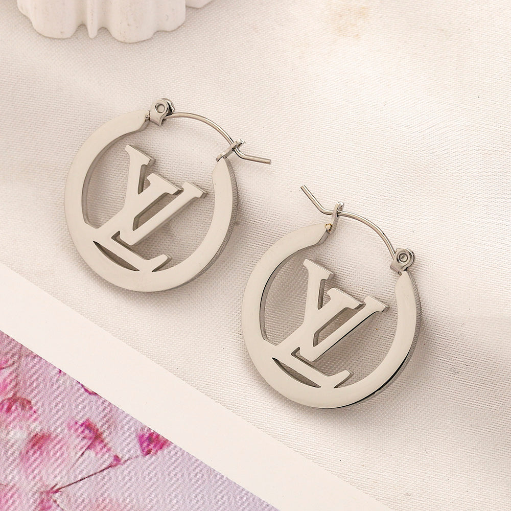 304 Stainless Steel Round Frame Monogram Hoop Earrings