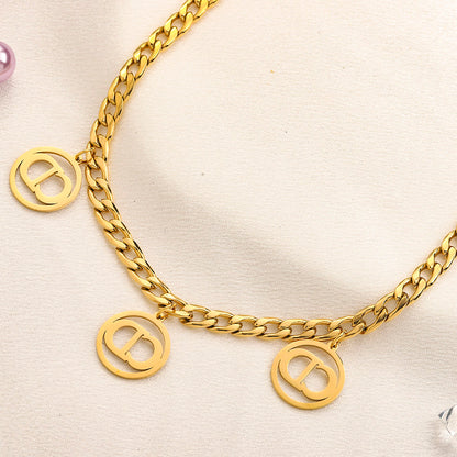 304 Stainless Steel Round Monogram Charm Curb Chain Necklace