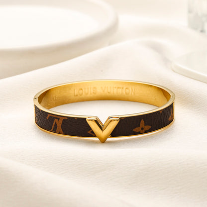 304 Stainless Steel Monogram-Inlay V-Motif Bangle Bracelet