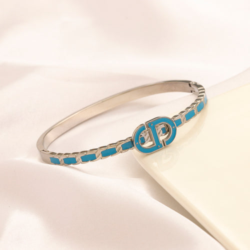 304 Stainless Steel Color-Inlay Round Monogram Bangle Bracelet