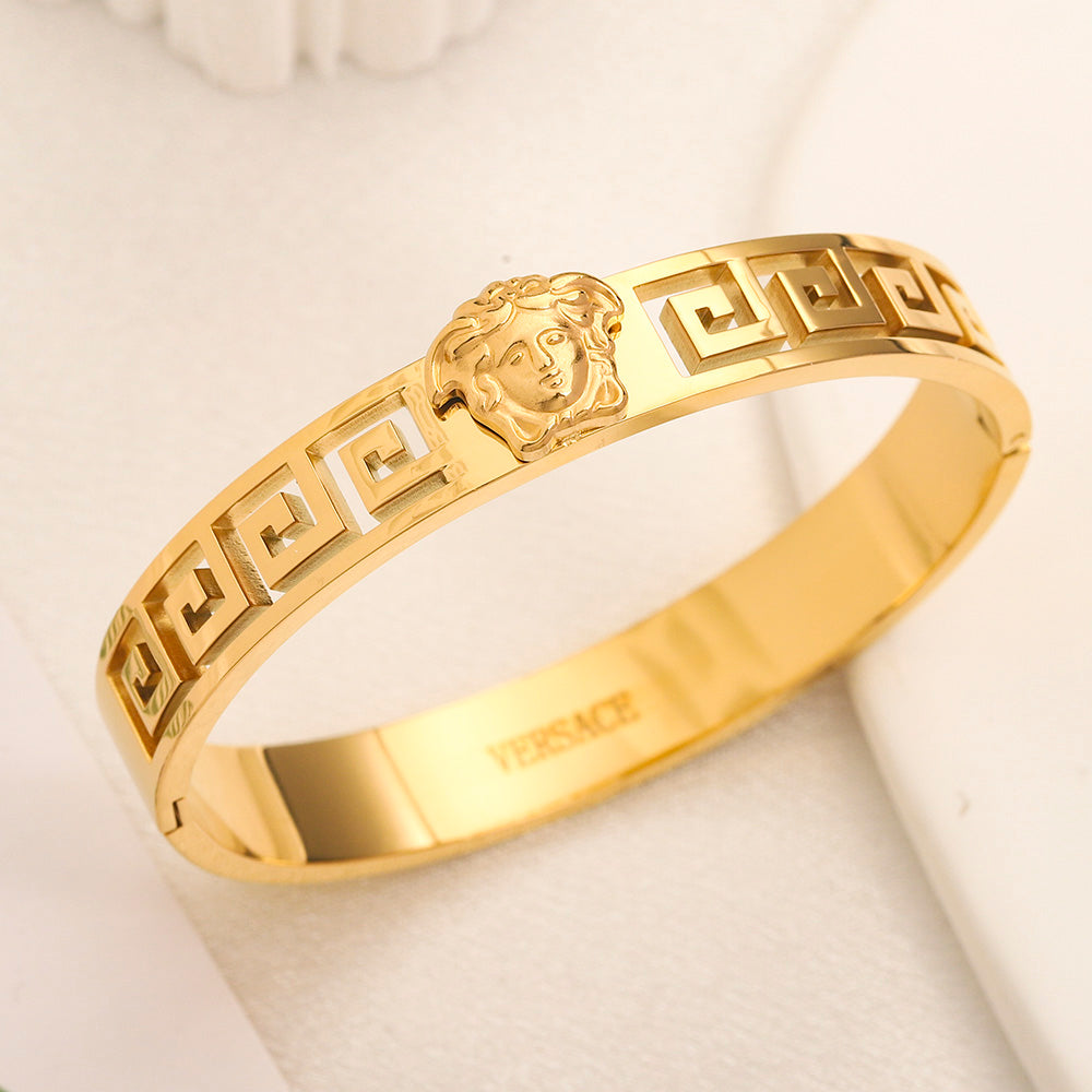 304 Stainless Steel Greek-Key Hinged Bangle Bracelet
