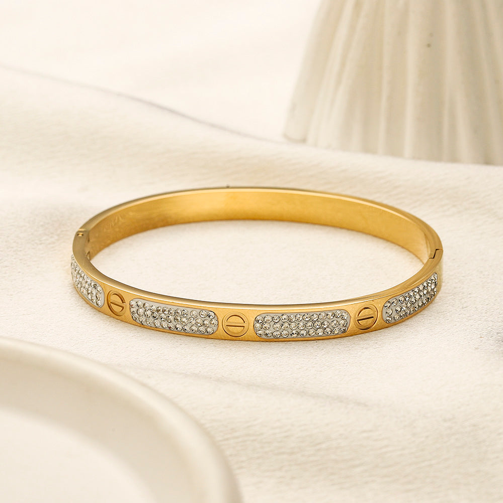 304 Stainless Steel Pave Screw-Motif Slim Bangle Bracelet