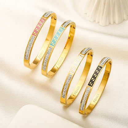 304 Stainless Steel Color-Inlay Lettering Pave Bangle Bracelet