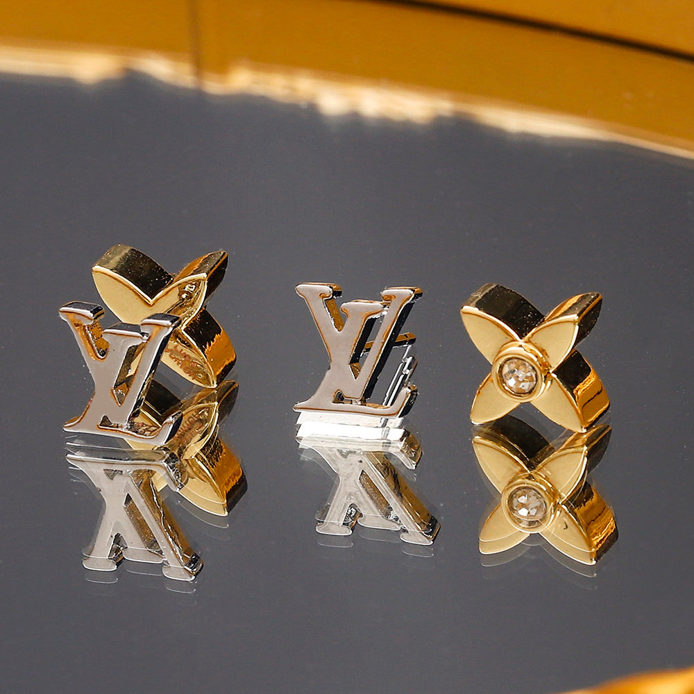 Copper Asymmetric Flower & Monogram Stud Earrings