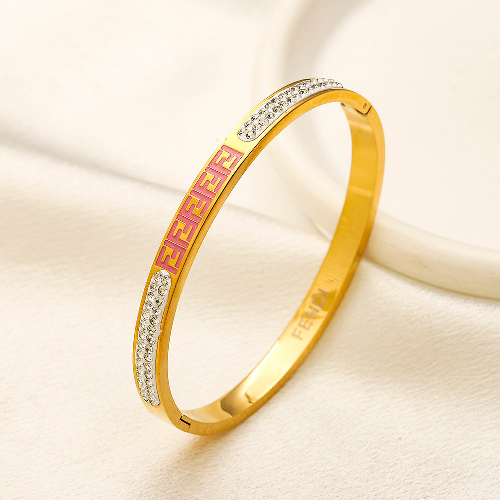 304 Stainless Steel Color-Inlay Lettering Pave Bangle Bracelet