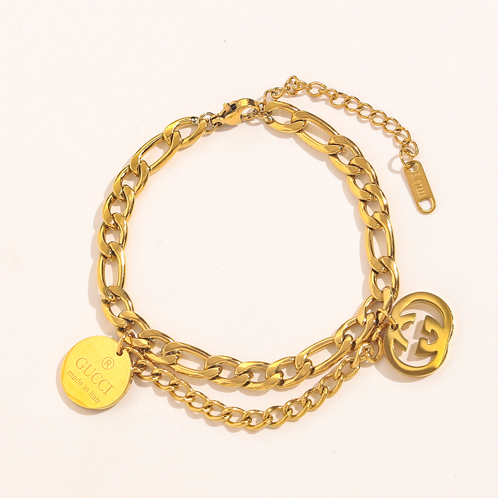 304 Stainless Steel Double-Chain Coin Charm Bracelet
