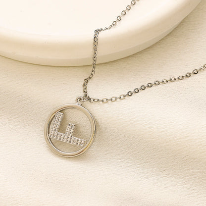 304 Stainless Steel Pave F-Motif Circle Pendant Necklace