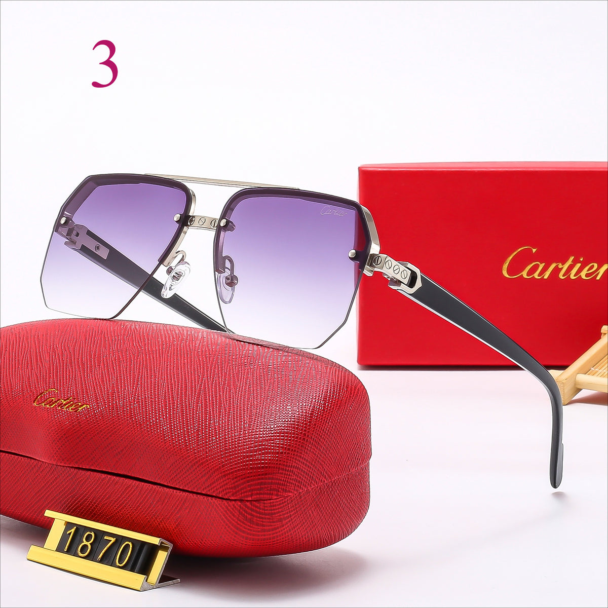 Oversized Rimless Square Sunglasses with Decorative Temples