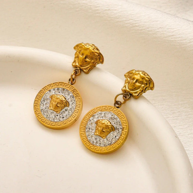 304 Stainless Steel Pave Round Medallion Drop Earrings