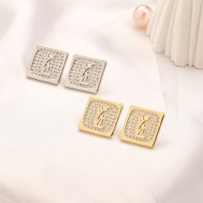 304 Stainless Steel Pave Square Monogram Stud Earrings