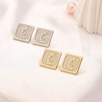 304 Stainless Steel Pave Square Monogram Stud Earrings