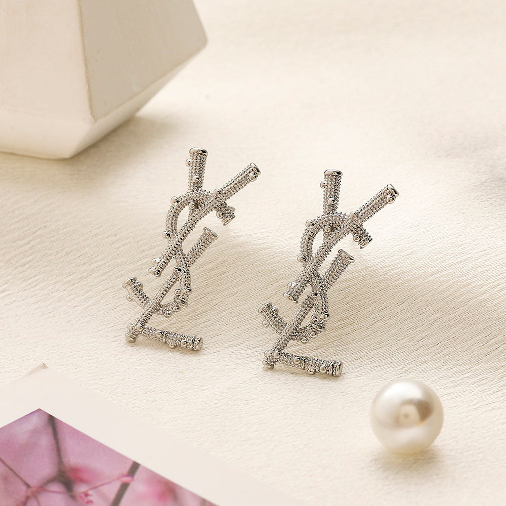304 Stainless Steel Pave Vertical Monogram Stud Earrings