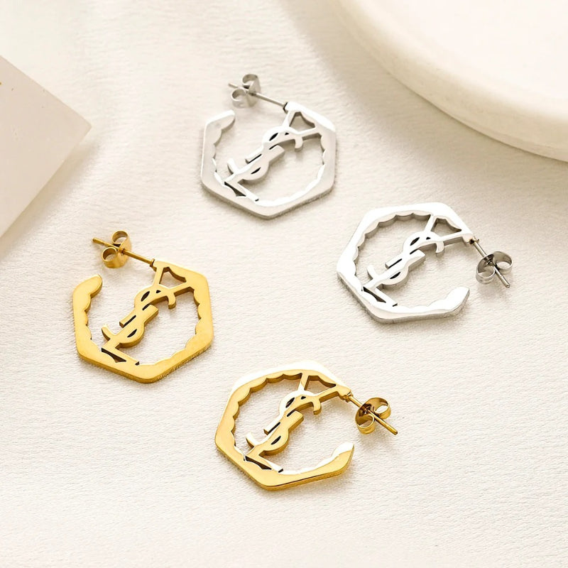 304 Stainless Steel Octagonal Monogram Hoop Earrings