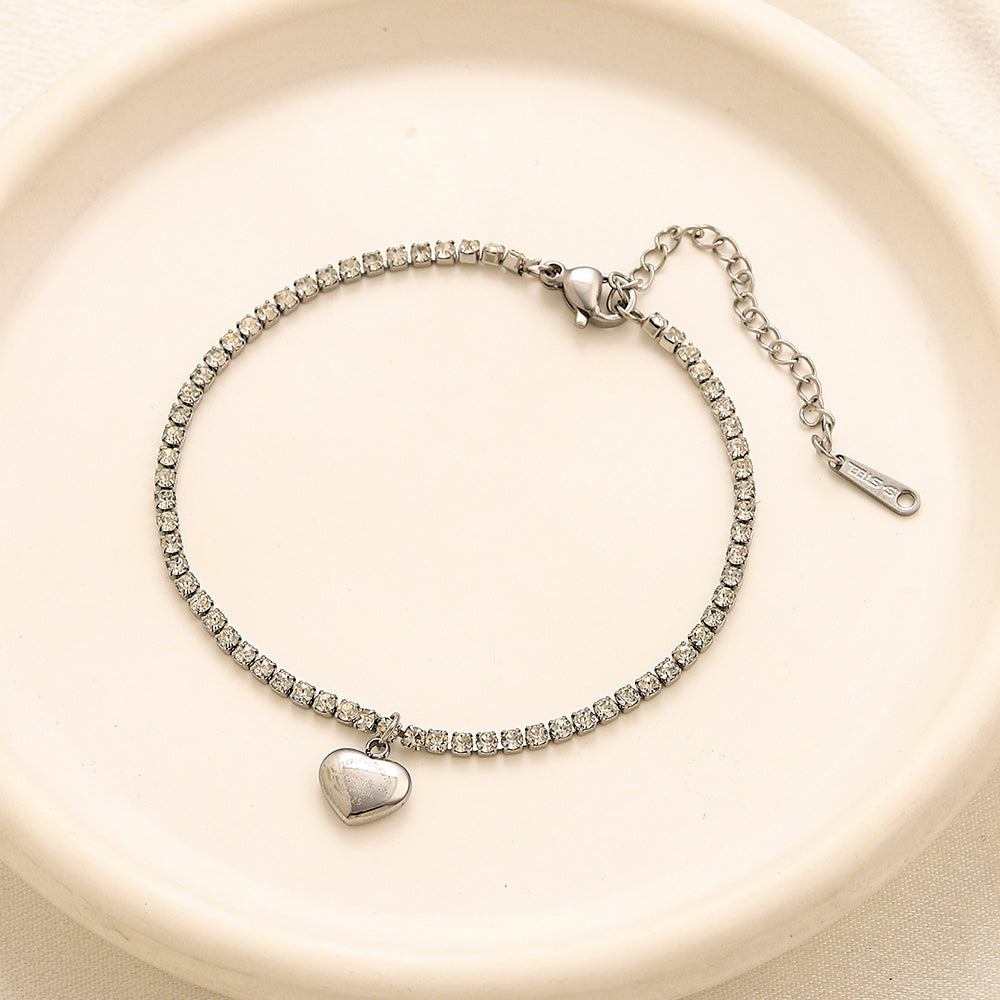 304 Stainless Steel Heart Pendant Stone-Link Bracelet