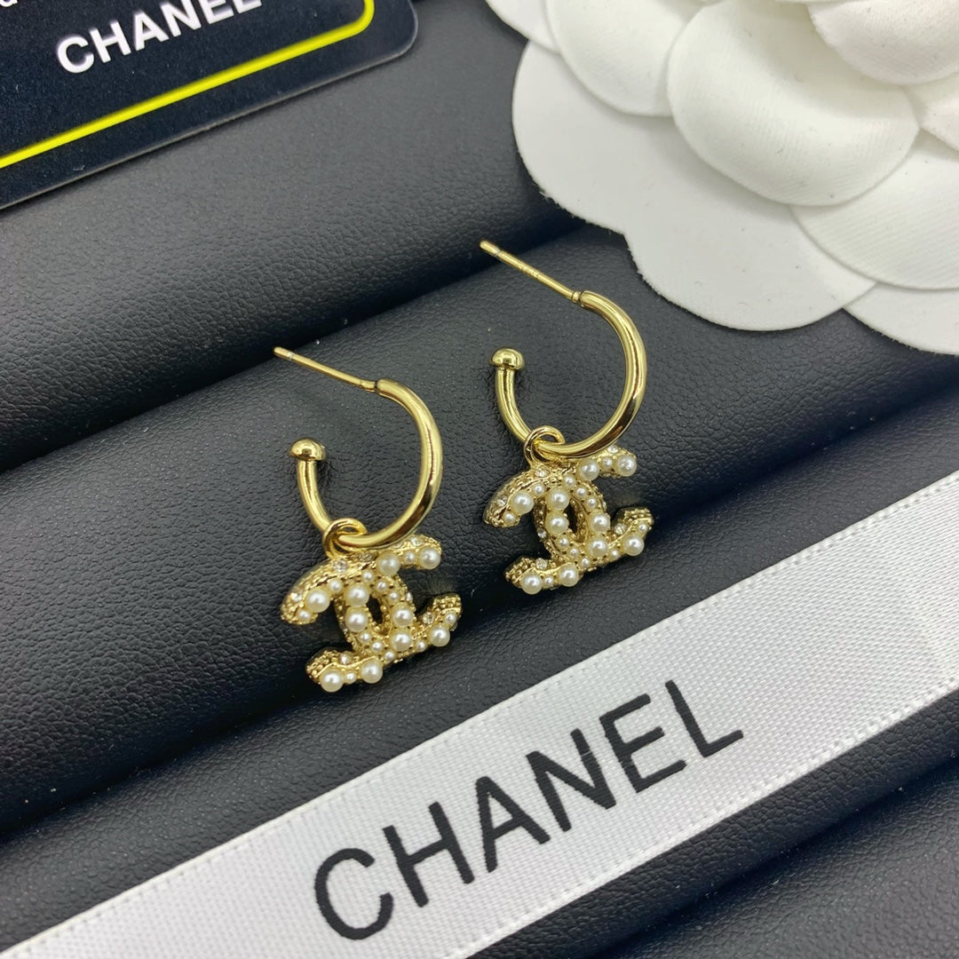 Pave Interlocking-C Charm Hoop Earrings