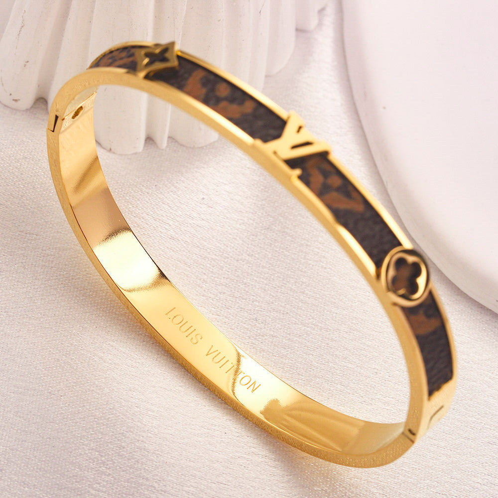 304 Stainless Steel Dark Monogram-Inlay Slim Bangle Bracelet