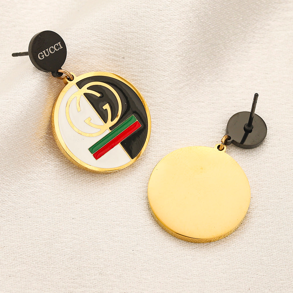 304 Stainless Steel Striped Round Monogram Drop Earrings