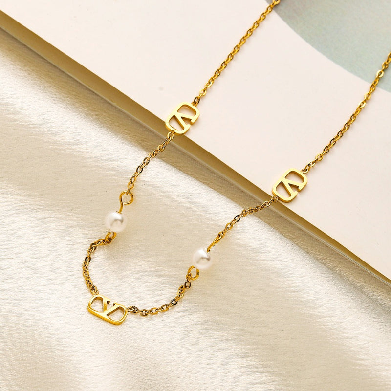 304 Stainless Steel V-Motif & Pearl-Look Bead Station Necklace