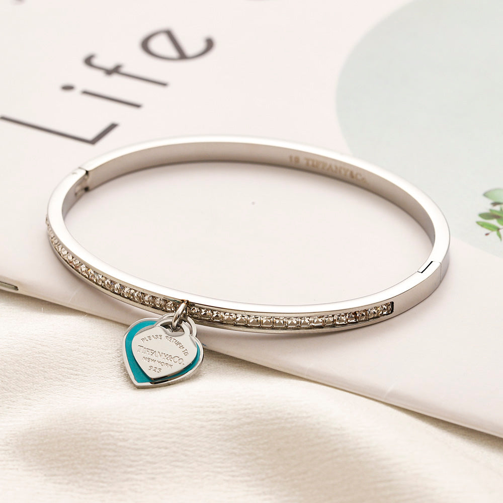 304 Stainless Steel Pave Bangle with Color-Edge Heart Charm