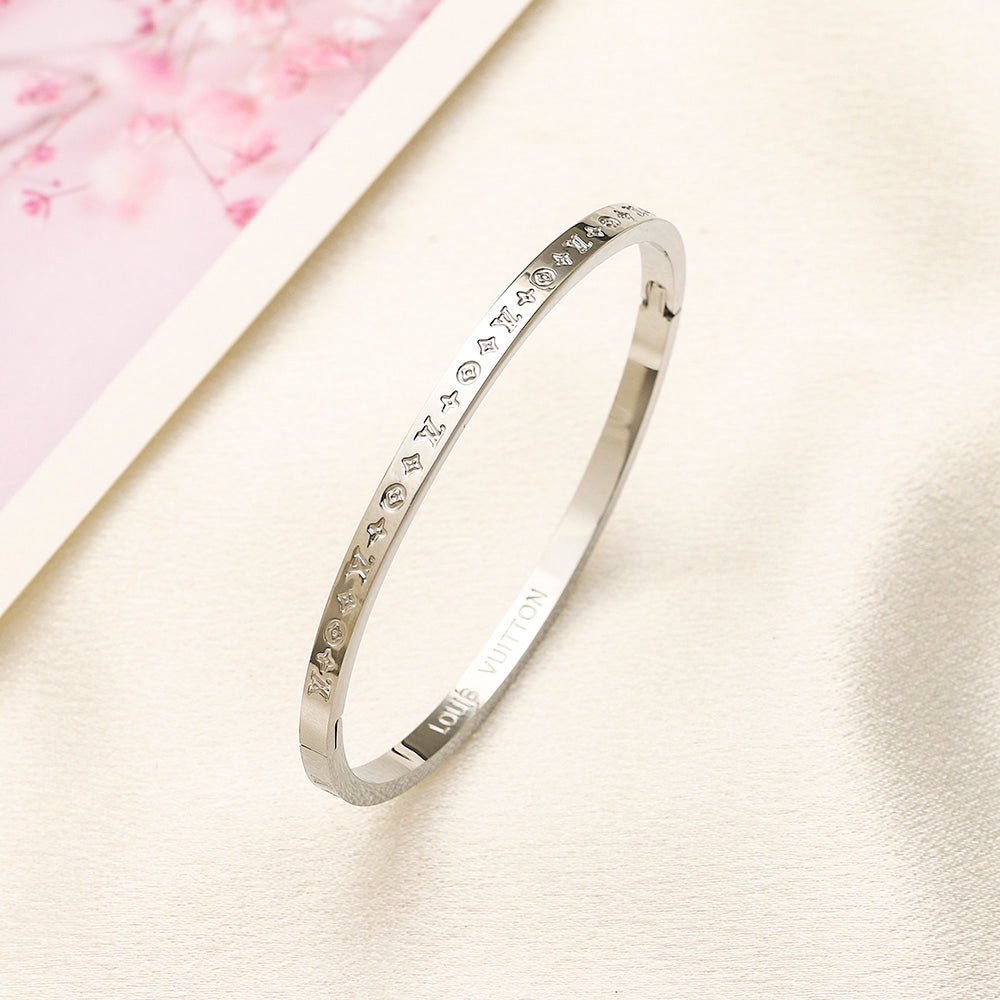 304 Stainless Steel Engraved Floral Monogram Bangle Bracelet
