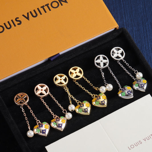 Heart & Pearl-Effect Double Chain Earrings