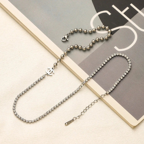 304 Stainless Steel Layered Bead & Chain Interlocking-C Necklace