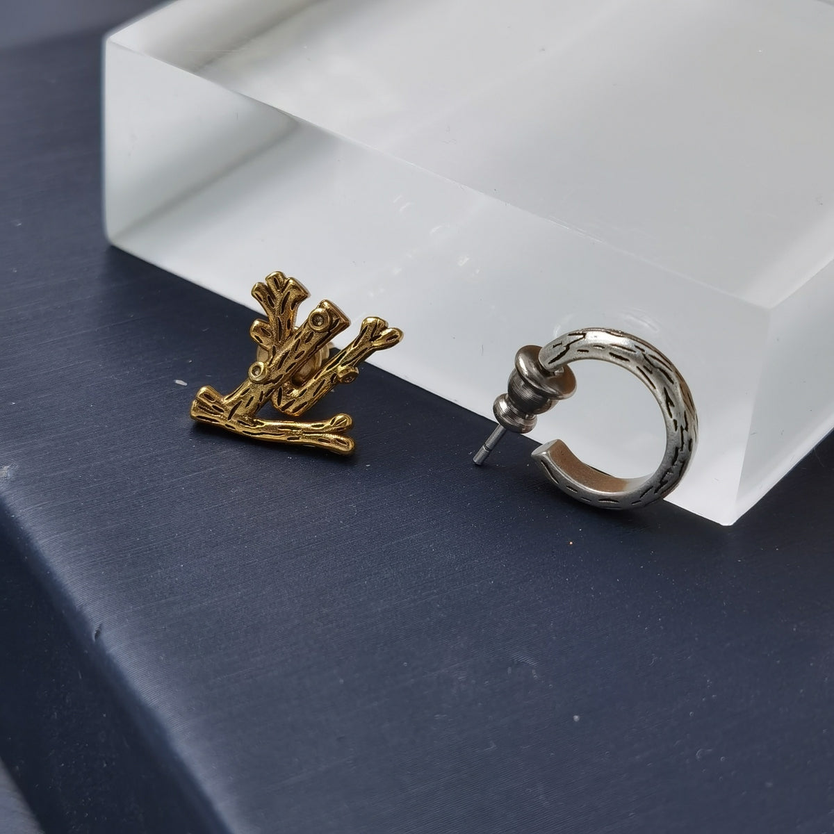 Textured Monogram & Hoop Asymmetric Earrings