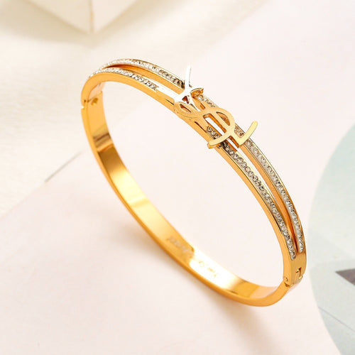 304 Stainless Steel Pave Monogram Slim Bangle Bracelet