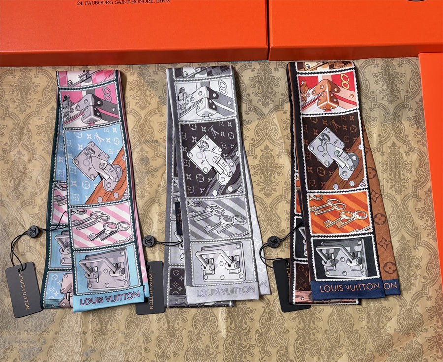 Illustrated Panel Print Ribbon Scarf - 5 x 120 cm