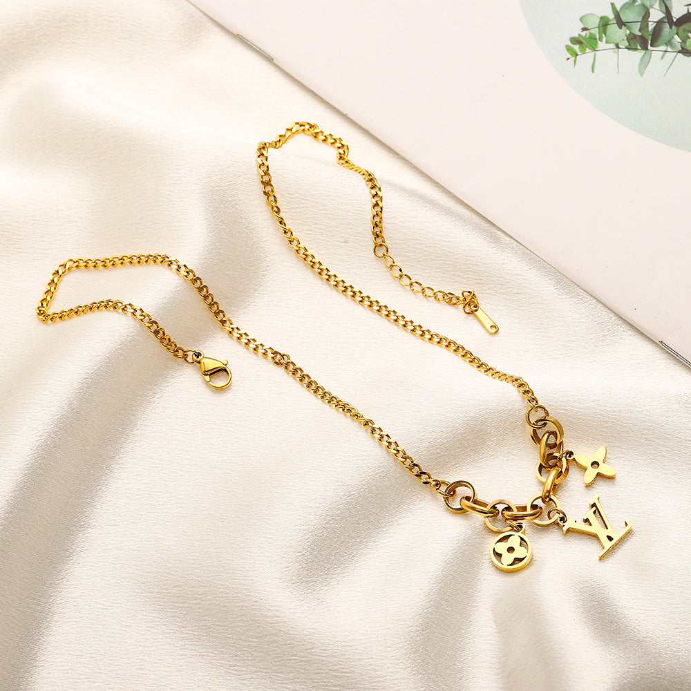 304 Stainless Steel Mixed-Link Floral Monogram Charm Necklace